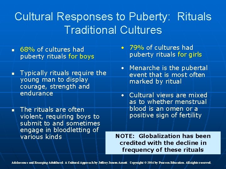 Cultural Responses to Puberty: Rituals Traditional Cultures n n n 68% of cultures had