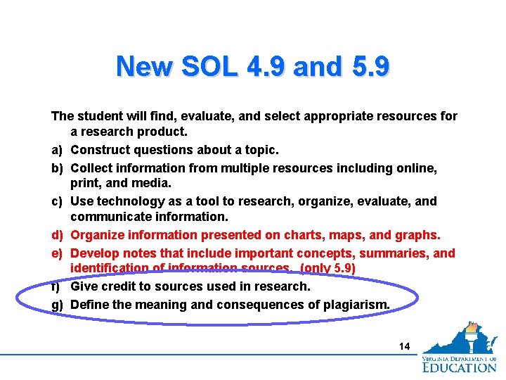 New SOL 4. 9 and 5. 9 The student will find, evaluate, and select