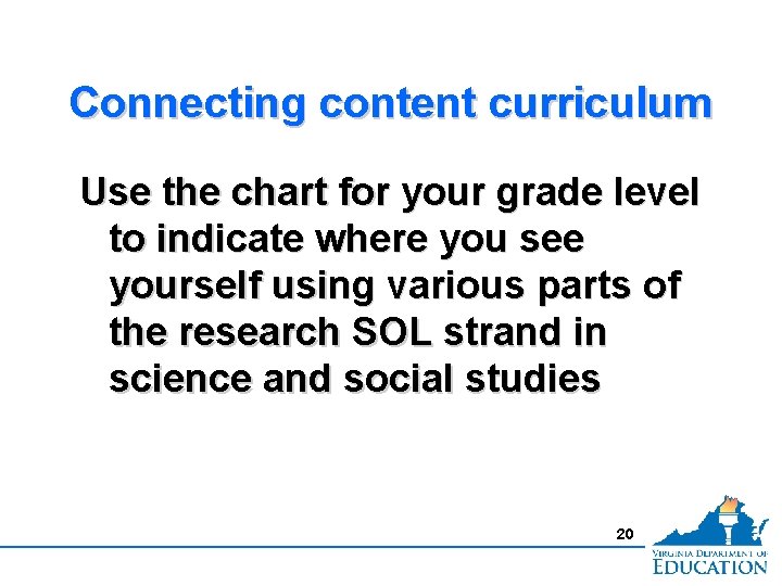 Connecting content curriculum Use the chart for your grade level to indicate where you