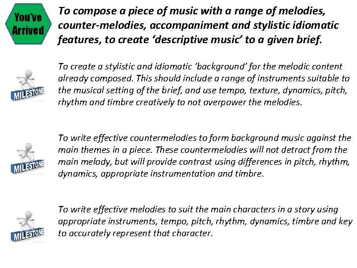 To compose a piece of music with a range of melodies, counter-melodies, accompaniment and