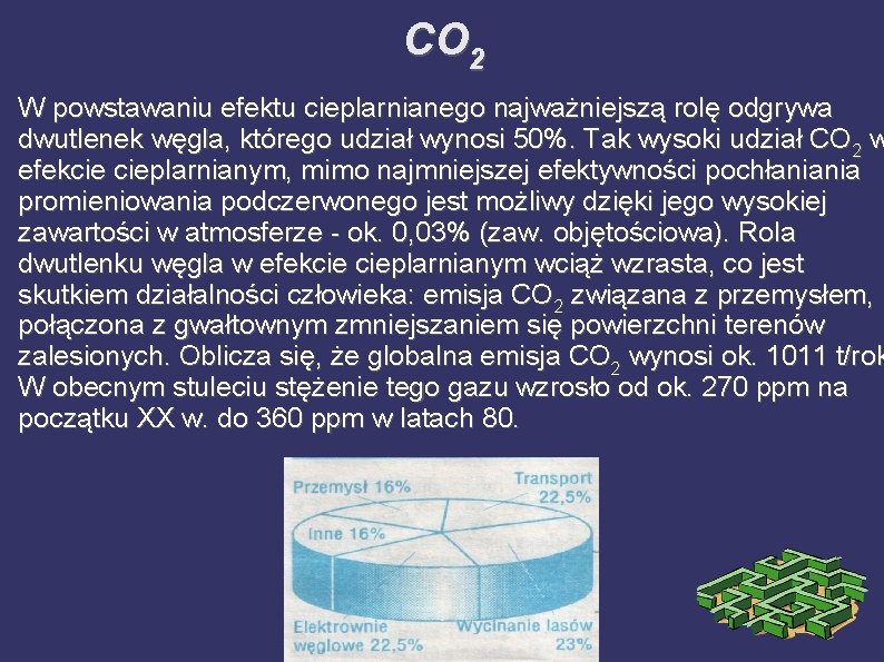 CO 2 W powstawaniu efektu cieplarnianego najważniejszą rolę odgrywa dwutlenek węgla, którego udział wynosi