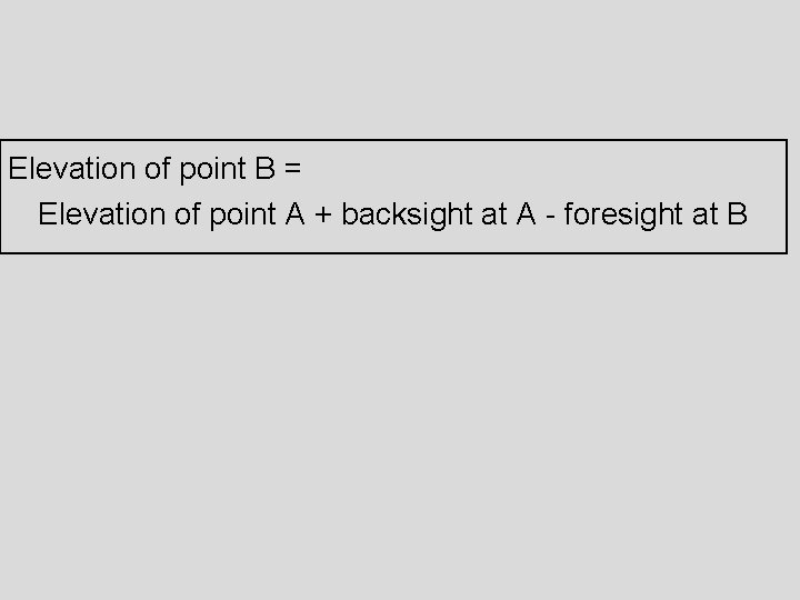 Elevation of point B = Elevation of point A + backsight at A - Elevation of point B = Elevation of point A + backsight at A -