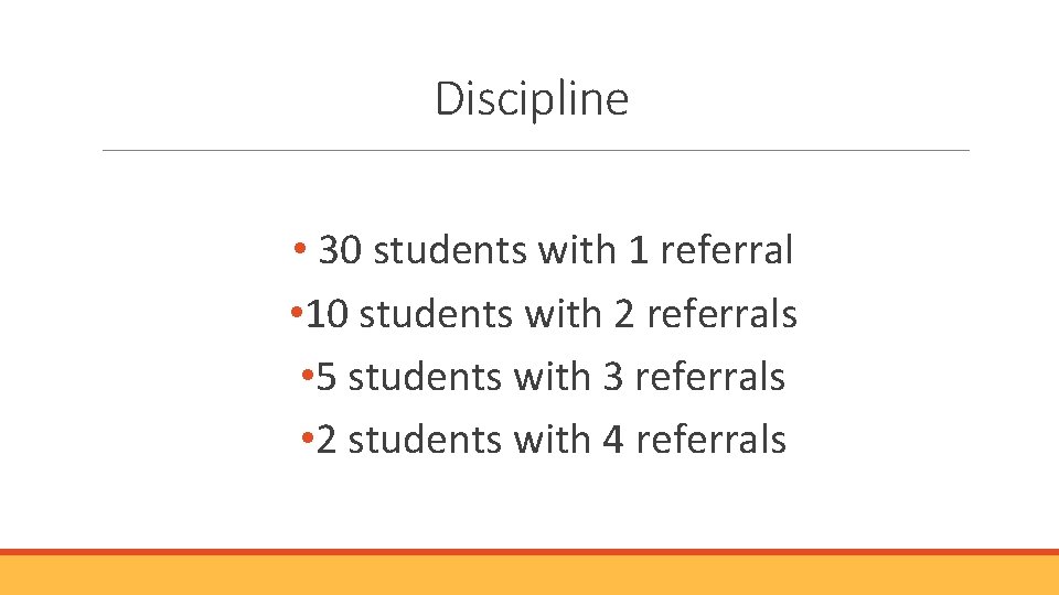 Discipline • 30 students with 1 referral • 10 students with 2 referrals • Discipline • 30 students with 1 referral • 10 students with 2 referrals •