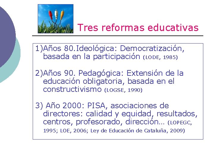 Tres reformas educativas 1)Años 80. Ideológica: Democratización, basada en la participación (LODE, 1985) 2)Años