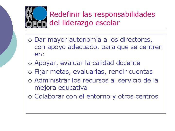 Redefinir las responsabilidades del liderazgo escolar ¡ ¡ ¡ Dar mayor autonomía a los