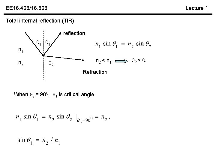 EE 16. 468/16. 568 Lecture 1 Total internal reflection (TIR) reflection 1 1 n