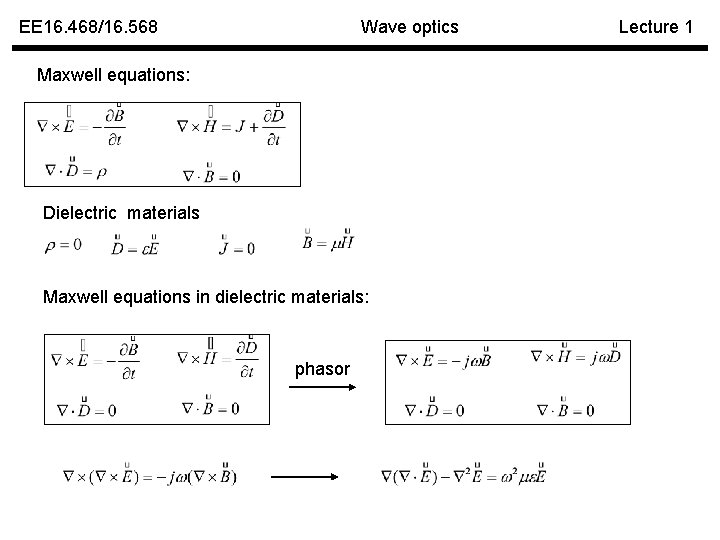 EE 16. 468/16. 568 Wave optics Maxwell equations: Dielectric materials Maxwell equations in dielectric