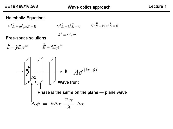 EE 16. 468/16. 568 Wave optics approach Helmholtz Equation: Free-space solutions k ∆x Wave