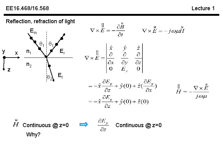 EE 16. 468/16. 568 Lecture 1 Reflection, refraction of light Ein 1 1 y