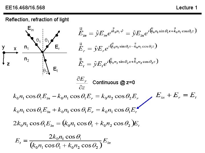 EE 16. 468/16. 568 Lecture 1 Reflection, refraction of light Ein 1 1 y