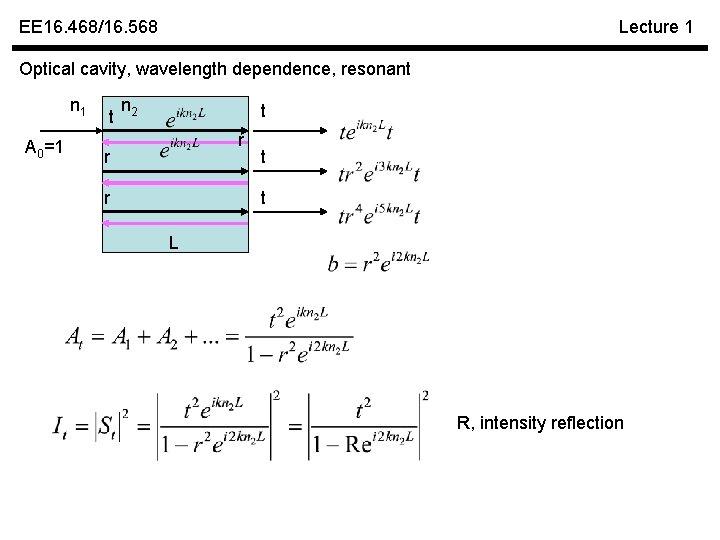 EE 16. 468/16. 568 Lecture 1 Optical cavity, wavelength dependence, resonant n 1 A