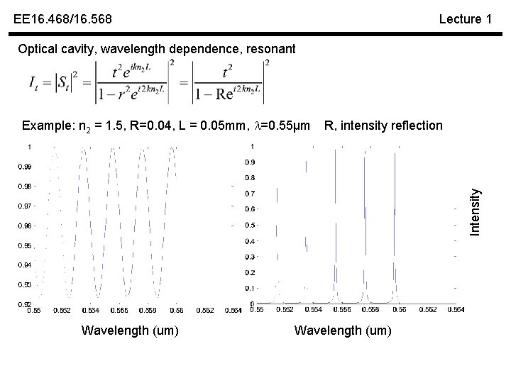 EE 16. 468/16. 568 Lecture 1 Optical cavity, wavelength dependence, resonant R, intensity reflection