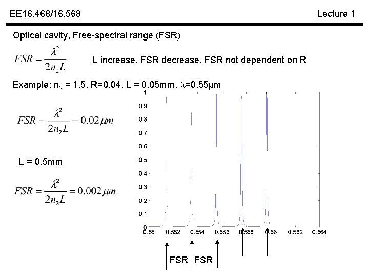 EE 16. 468/16. 568 Lecture 1 Optical cavity, Free-spectral range (FSR) L increase, FSR