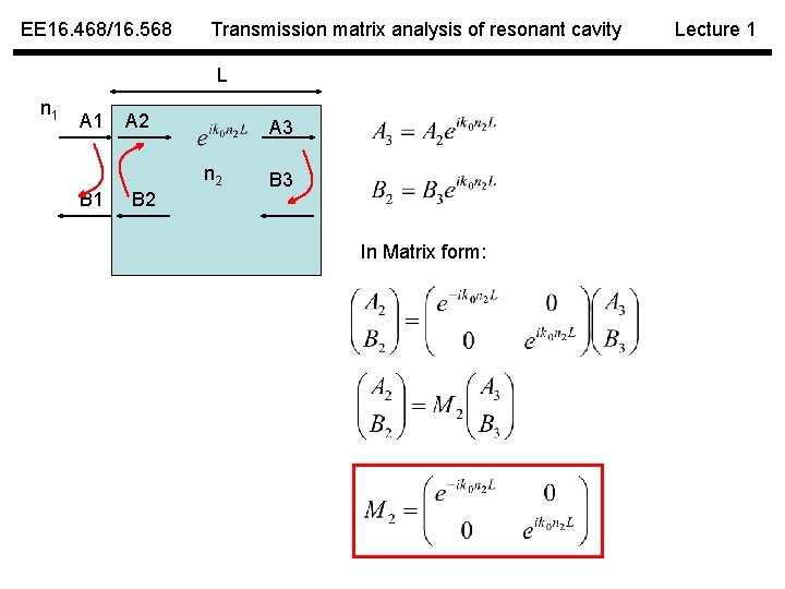 EE 16. 468/16. 568 Transmission matrix analysis of resonant cavity L n 1 A