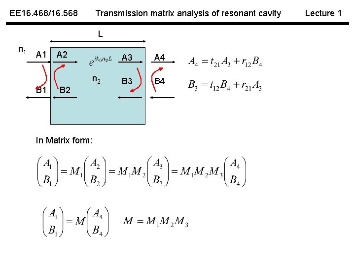 EE 16. 468/16. 568 Transmission matrix analysis of resonant cavity L n 1 A