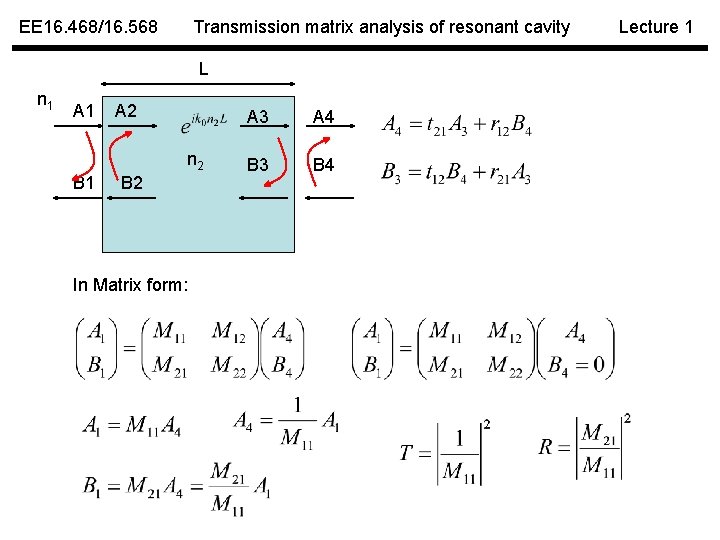EE 16. 468/16. 568 Transmission matrix analysis of resonant cavity L n 1 A