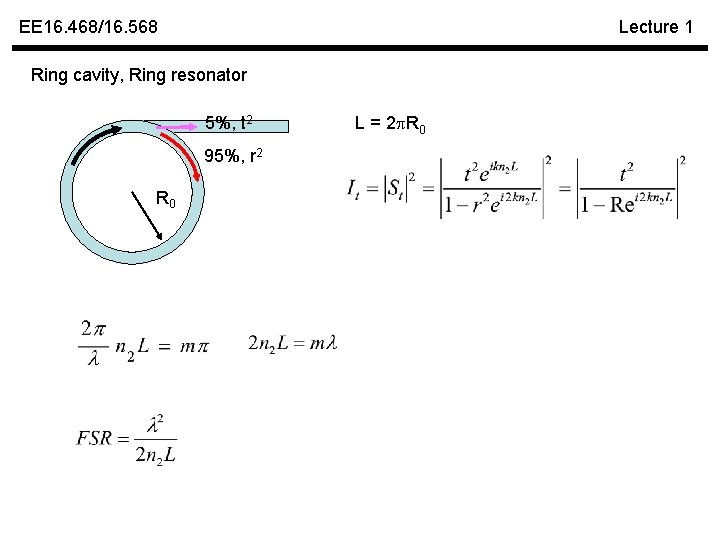 EE 16. 468/16. 568 Lecture 1 Ring cavity, Ring resonator 5%, t 2 95%,