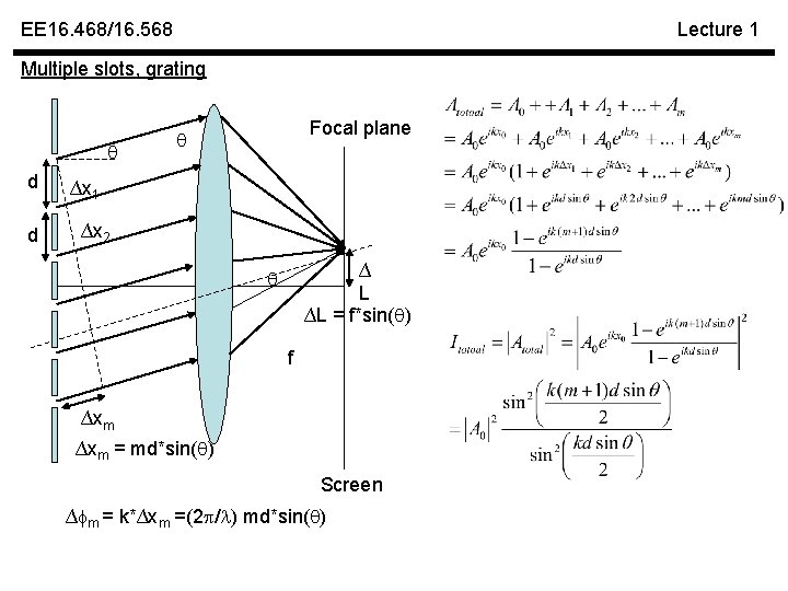 EE 16. 468/16. 568 Lecture 1 Multiple slots, grating d d Focal plane ∆x