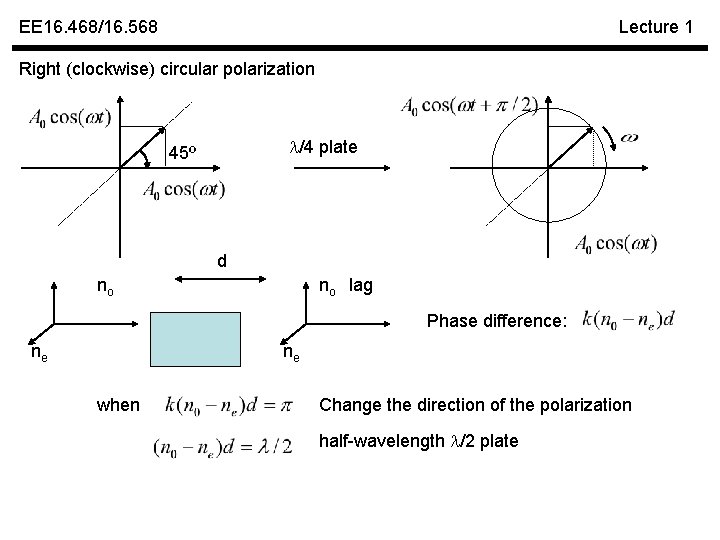 EE 16. 468/16. 568 Lecture 1 Right (clockwise) circular polarization /4 plate 45º d