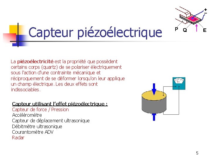 Capteur piézoélectrique La piézoélectricité est la propriété que possèdent certains corps (quartz) de se