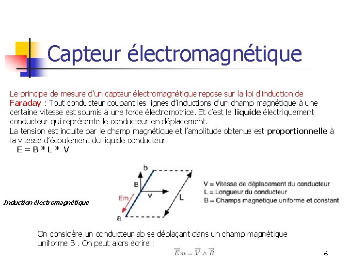 Capteur électromagnétique Le principe de mesure d’un capteur électromagnétique repose sur la loi d’induction