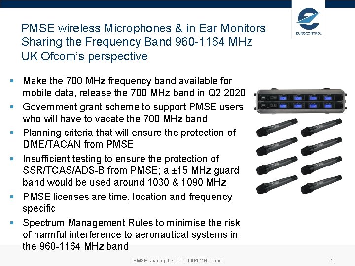 PMSE wireless Microphones & in Ear Monitors Sharing the Frequency Band 960 -1164 MHz
