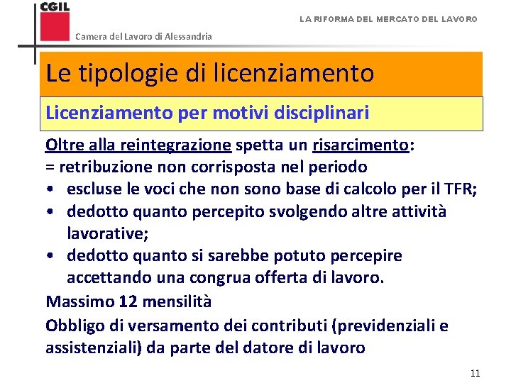 LA RIFORMA DEL MERCATO DEL LAVORO Camera del Lavoro di Alessandria Le tipologie di