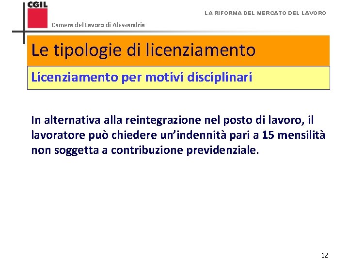 LA RIFORMA DEL MERCATO DEL LAVORO Camera del Lavoro di Alessandria Le tipologie di