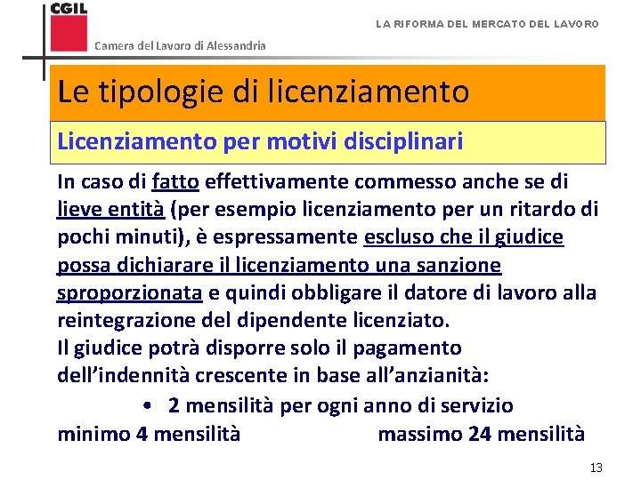 LA RIFORMA DEL MERCATO DEL LAVORO Camera del Lavoro di Alessandria Le tipologie di