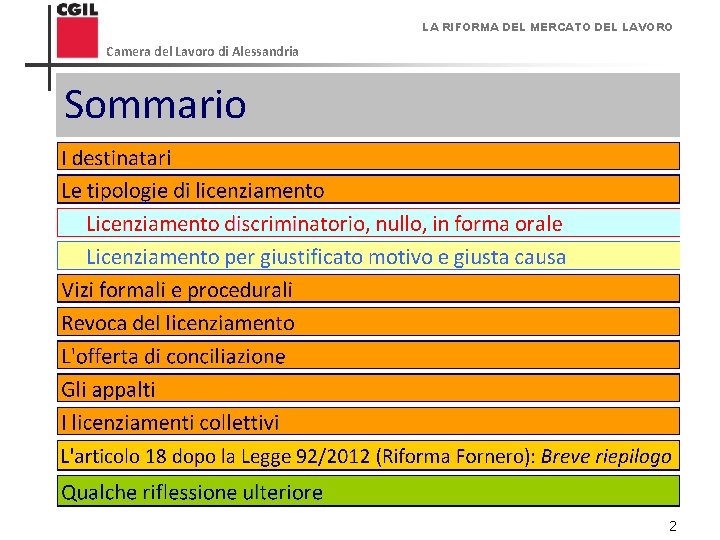 LA RIFORMA DEL MERCATO DEL LAVORO Camera del Lavoro di Alessandria Sommario 2 