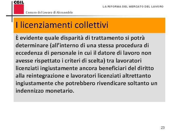 LA RIFORMA DEL MERCATO DEL LAVORO Camera del Lavoro di Alessandria I licenziamenti collettivi