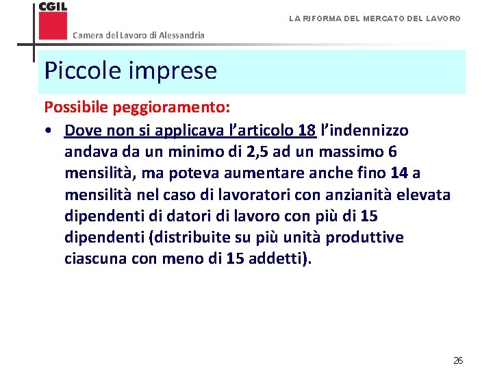 LA RIFORMA DEL MERCATO DEL LAVORO Camera del Lavoro di Alessandria Piccole imprese Possibile