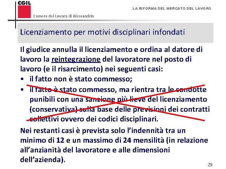 LA RIFORMA DEL MERCATO DEL LAVORO Camera del Lavoro di Alessandria Licenziamento per motivi