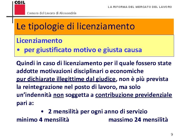 LA RIFORMA DEL MERCATO DEL LAVORO Camera del Lavoro di Alessandria Le tipologie di