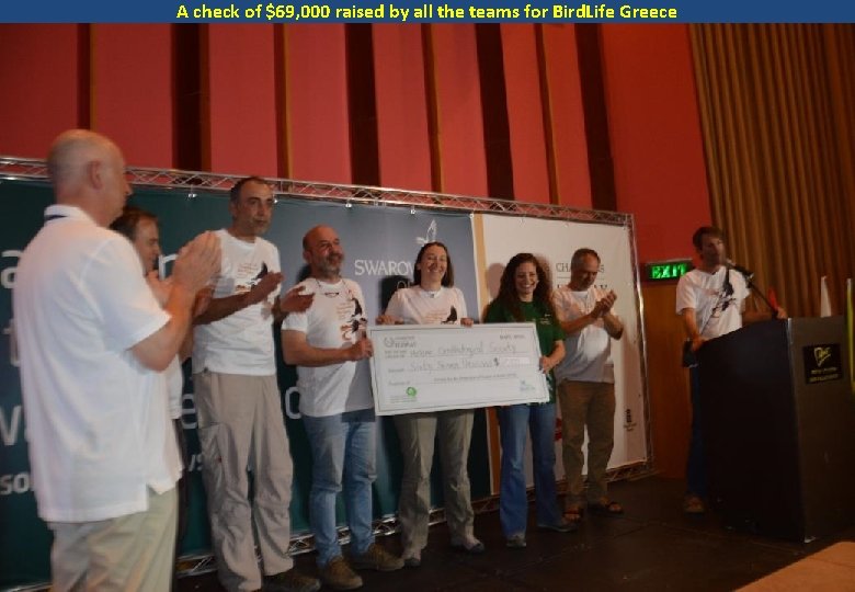A check of $69, 000 raised by all the teams for Bird. Life Greece