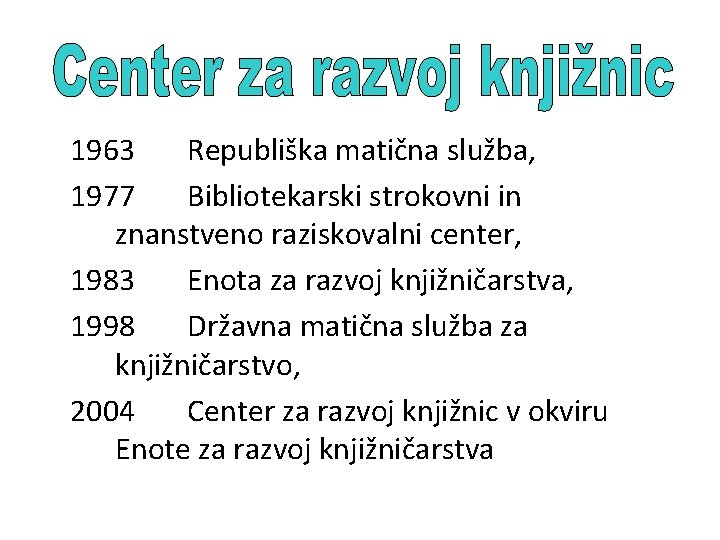 1963 Republiška matična služba, 1977 Bibliotekarski strokovni in znanstveno raziskovalni center, 1983 Enota za