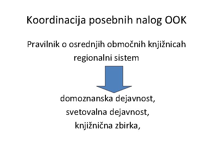Koordinacija posebnih nalog OOK Pravilnik o osrednjih območnih knjižnicah regionalni sistem domoznanska dejavnost, svetovalna Koordinacija posebnih nalog OOK Pravilnik o osrednjih območnih knjižnicah regionalni sistem domoznanska dejavnost, svetovalna