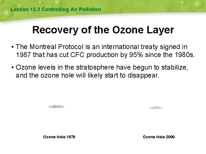 Lesson 15. 3 Controlling Air Pollution Recovery of the Ozone Layer • The Montreal