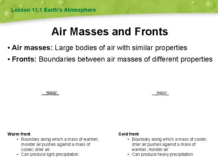 Lesson 15. 1 Earth’s Atmosphere Air Masses and Fronts • Air masses: Large bodies