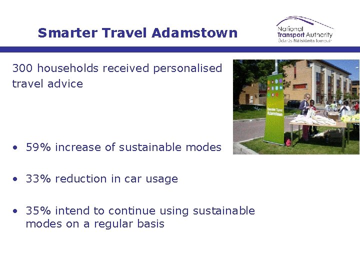 Smarter Travel Adamstown 300 households received personalised travel advice • 59% increase of sustainable