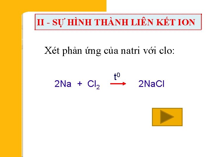 II - SỰ HÌNH THÀNH LIÊN KẾT ION Xét phản ứng của natri với