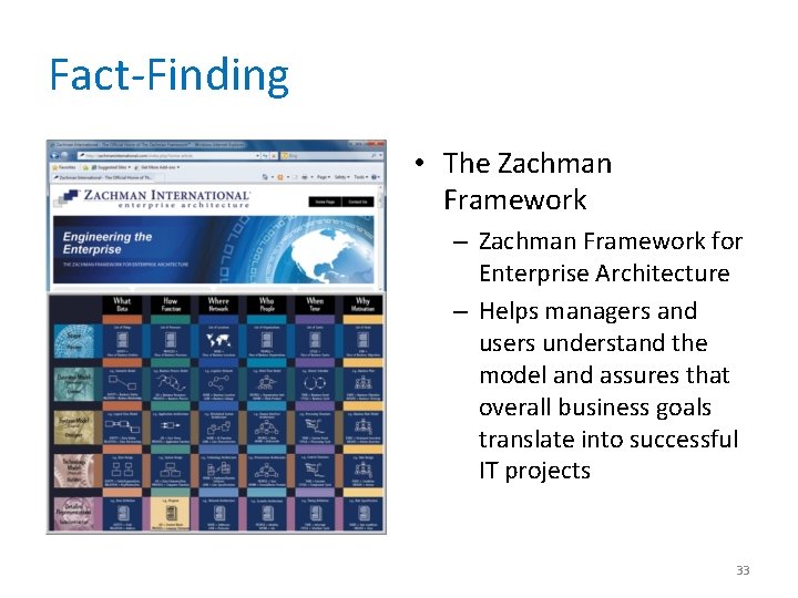 Fact-Finding • The Zachman Framework – Zachman Framework for Enterprise Architecture – Helps managers