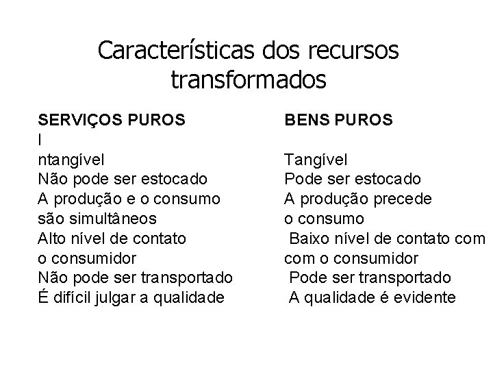 Características dos recursos transformados SERVIÇOS PUROS I ntangível Não pode ser estocado A produção