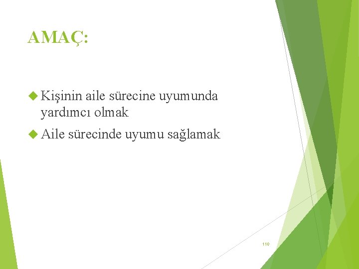 AMAÇ: Kişinin aile sürecine uyumunda yardımcı olmak Aile sürecinde uyumu sağlamak 110 