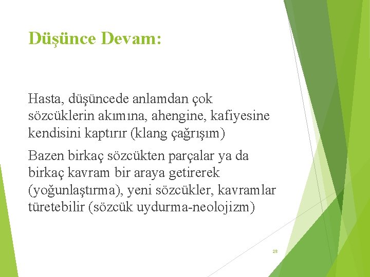 Düşünce Devam: Hasta, düşüncede anlamdan çok sözcüklerin akımına, ahengine, kafiyesine kendisini kaptırır (klang çağrışım)