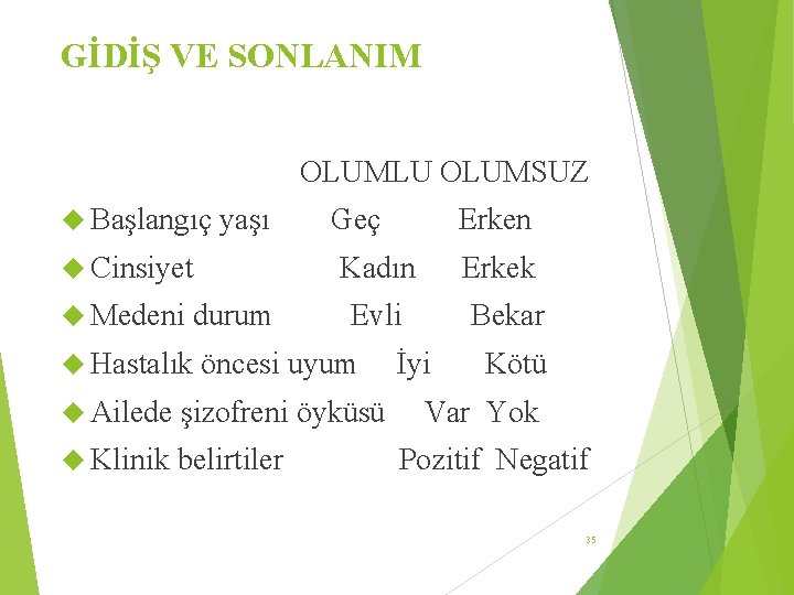 GİDİŞ VE SONLANIM OLUMLU OLUMSUZ Başlangıç yaşı Geç Erken Cinsiyet Kadın Erkek Medeni Evli