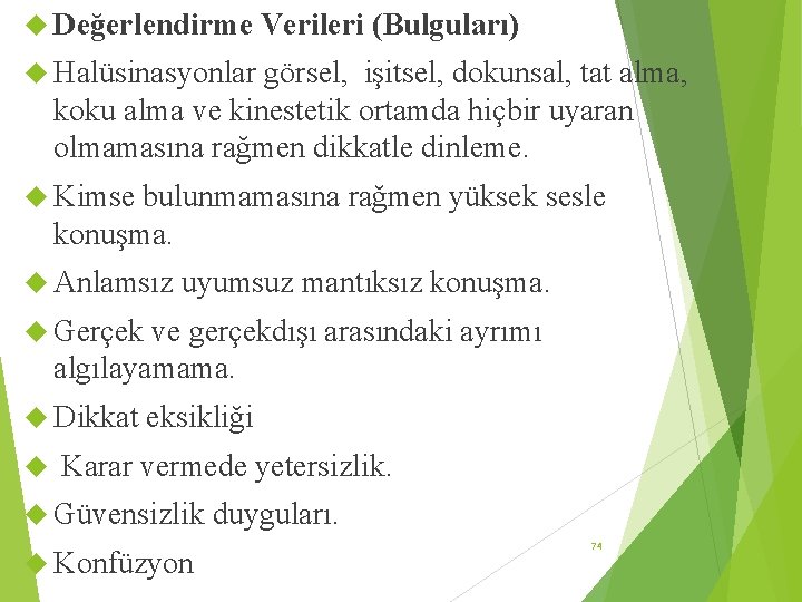  Değerlendirme Verileri (Bulguları) Halüsinasyonlar görsel, işitsel, dokunsal, tat alma, koku alma ve kinestetik