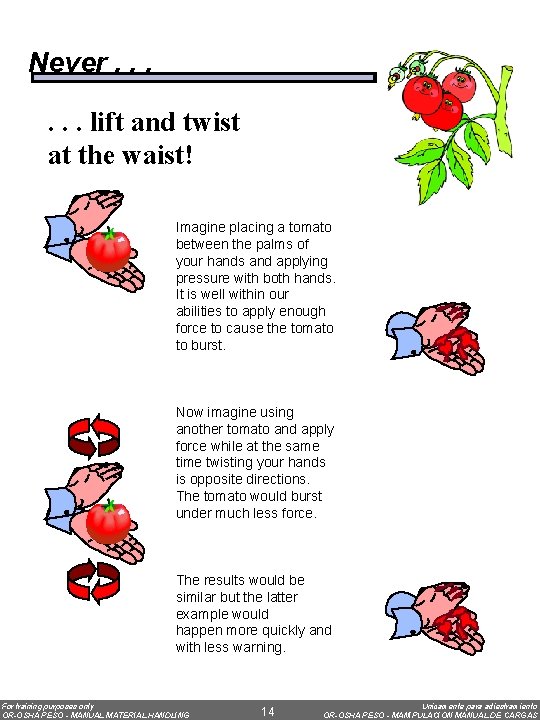 Never. . . lift and twist at the waist! Imagine placing a tomato between