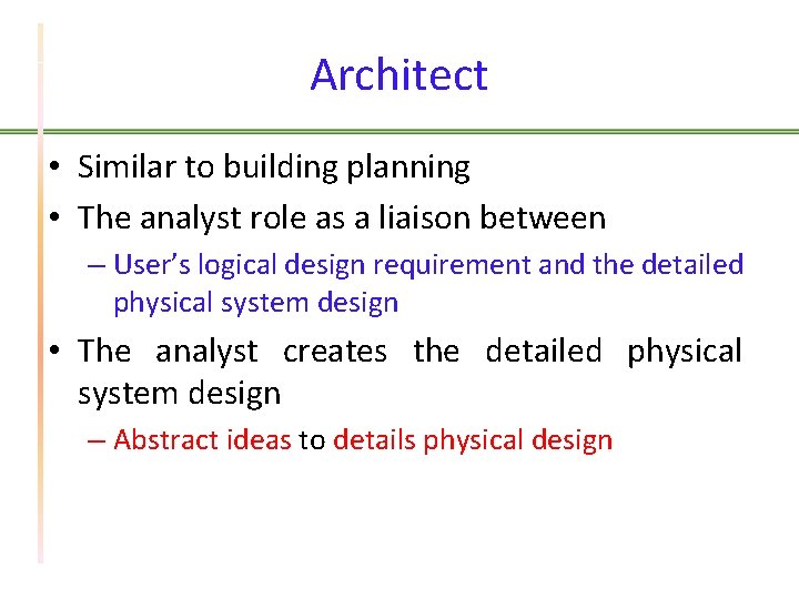 Architect • Similar to building planning • The analyst role as a liaison between