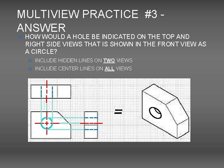 MULTIVIEW PRACTICE #3 ANSWER HOW WOULD A HOLE BE INDICATED ON THE TOP AND